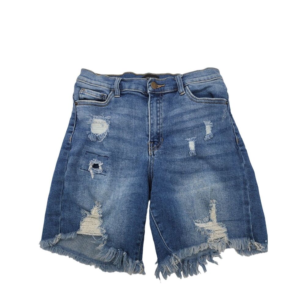 Poison Mushroom High Rise Shorts Small Womens Distressed Raw Hem Medium Wash